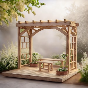 Plans for Wooden Deck with Pergola & Furniture DIY Digital Woodwork Plans Download Only UK Metric with Cut Lists Garden Sitting Area