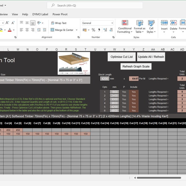 Microsoft Excel Cut List Optimiser Tool V2a für Holzarbeiter (Excel Download) Metrische und Imperiale Holzarbeiten und Tischlerei