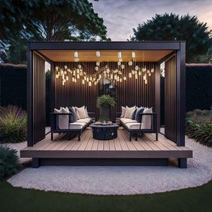 May include: Outdoor living space featuring a modern pergola with a wooden deck and dark wood accents. Two sofas with beige cushions and navy pillows face each other, with a round coffee table between them. Decorative string lights hang from the ceiling.