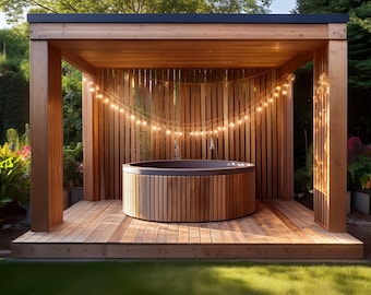 Plan for Wooden Garden Spa Shelter 3.0m x 3.6m (10ft x 12ft) & Deck DIY Digital Woodwork Plan Download UK with Cut Lists Hot Tub