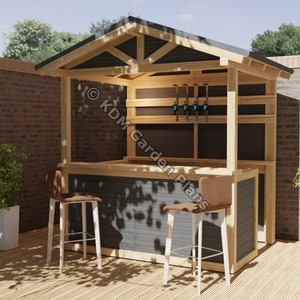 Plannen voor houten huis zwembadbar buiten hellend dak 6 ft 6" x 5 ft Tiki digitale houtwerkplannen alleen downloaden US Imperial met kniplijsten