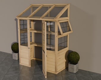May include: A wooden greenhouse with a glass roof and two doors. The greenhouse has shelves inside and is perfect for growing plants.