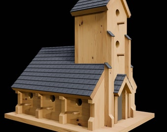 May include: A wooden birdhouse shaped like a church with a grey shingled roof and multiple nesting compartments.