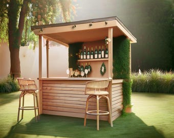 May include: A wooden bar with a thatched roof and a green wall. The bar has a counter with a shelf above it, stocked with wine bottles. Two wicker bar stools are in front of the bar.