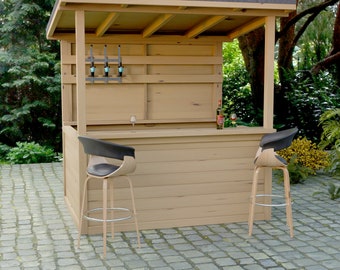 Bar de jardin en bois/abri de style tiki 1,7 m x 2,3 m, plans numériques à faire soi-même en menuiserie, uniquement au Royaume-Uni, dimensions métriques