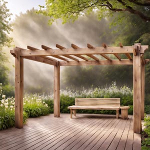 May include: A wooden pergola with a wooden bench and a small wooden side table. The pergola is in a garden setting with green trees and bushes in the background. The sun is shining through the trees and creating a misty effect.