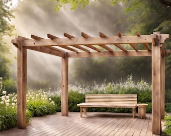 May include: A wooden pergola with a wooden bench and a small wooden side table. The pergola is in a garden setting with green trees and bushes in the background. The sun is shining through the trees and creating a misty effect.