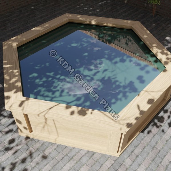 Plans for Hexagonal Raised Wooden  Fish Pond 9' 10" x 8' 6" x 2' 1" Digital Woodwork Plans Only US Imperial Excludes Materials