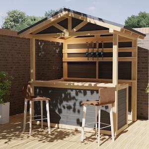 Plany drewnianego baru domowego ze spadzistym dachem 2 m x 1,5 m Tiki DIY cyfrowe plany stolarskie tylko brytyjskie metryczne z listami cięć