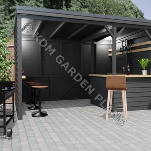 Plannen voor houten tuinbar met onderdak 7'10" x 11'10" Tiki Bar-onderdak digitaal houtwerkplan download alleen US Imperial met kniplijsten