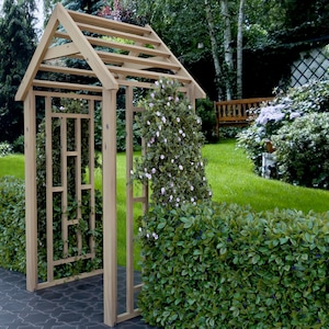 Pläne für einen hölzernen Gartenlauben-Torbogen für Kletterpflanzen DIY Digitale Holzarbeitspläne nur UK Metric Version mit Cut-Listen
