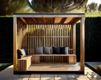 Progetti semplici per un'area relax da giardino moderna in legno di 2,0 m x 3,6 m con possibilità di aggiungere una terrazza. Piani di falegnameria digitali fai-da-te. Solo misure in unità metriche britanniche con liste di taglio.