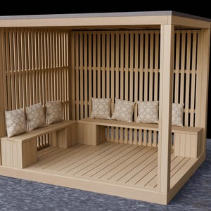 Puede incluir: Un cenador de madera para exteriores con techo y paredes de listones. El cenador tiene un banco incorporado con cojines y un suelo de madera.