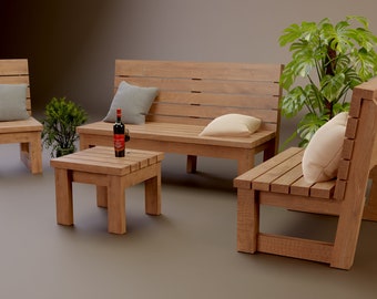 Op de afbeelding: Een houten tuinmeubelset met een bank, twee stoelen en een salontafel. De meubels zijn gemaakt van natuurlijk hout en hebben een rustieke uitstraling. De set is perfect om te ontspannen in de tuin of op het terras.