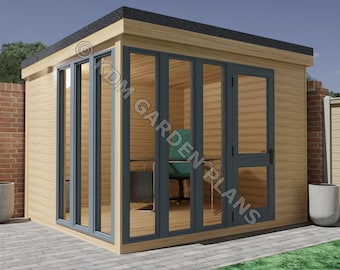 Könnte beinhalten: Ein Gartenhaus aus Holz mit einer grauen Tür und Fenstern. Das Gartenhaus hat ein Flachdach und ist von einer Backsteinmauer und einer gepflasterten Terrasse umgeben.