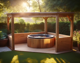 May include: A wooden hot tub with a wooden cover sits under a wooden pergola with a wooden deck. The hot tub is surrounded by green plants and trees.