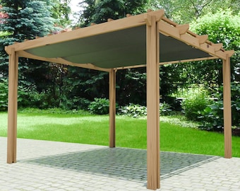 May include: A wooden pergola with a gray fabric canopy. The pergola is standing on a stone patio.