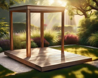 May include: A wooden pergola with a wooden deck, surrounded by lush greenery and sunlight streaming through the trees.
