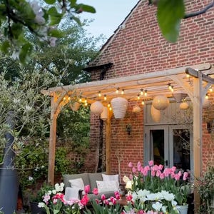 Puede incluir: Una estructura de pérgola de madera sobre un patio cuenta con farolillos de papel colgantes y luces de cadena. Debajo, un sofá de exterior gris se sitúa cerca de numerosas macetas con tulipanes rosas y blancos sobre un suelo de piedra.