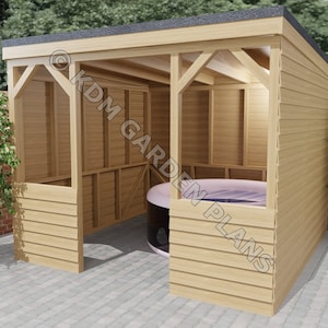 May include: A wooden hot tub enclosure with a slanted roof and a partially open front. The enclosure is made of natural wood with a light brown finish. The hot tub is visible inside the enclosure.