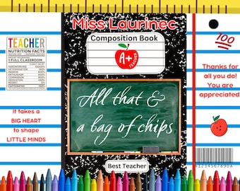 Personalized Teacher Name Potato Chip Snack Bags, Custom Composition Book Theme, Teacher Class Favors, Classroom Party Snack Candy Gifts