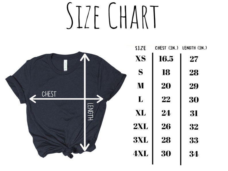 Peut inclure: Tableau des tailles pour un t-shirt avec des mesures en pouces pour la poitrine et la longueur. Les tailles comprennent XS, S, M, L, XL, 2XL, 3XL et 4XL.