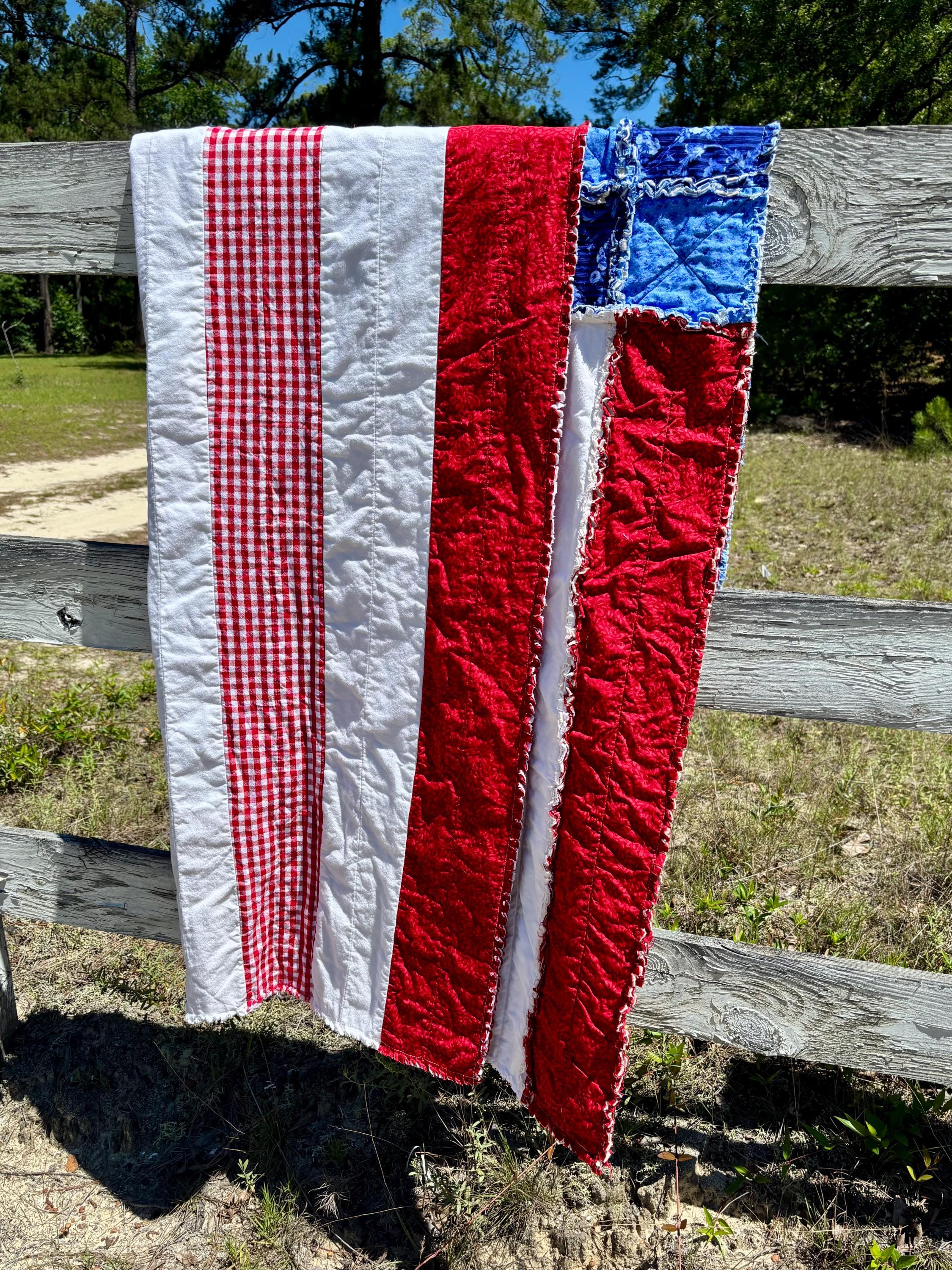 Handmade American Flag Rag Quilt | Rustic Cotton Throw Blanket, Red ...