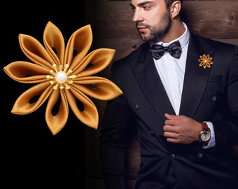Buttonhole flower "Precious" made of satin fabric gold | Elegant buttonhole flower for the groom | Boutonniere for festive occasions