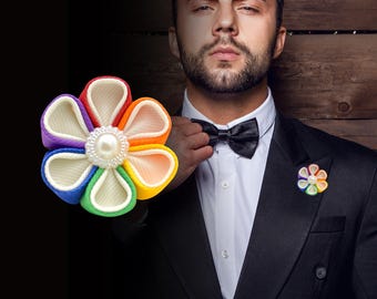 Fabric boutonniere ivory & rainbow | Durable buttonhole flower LGBTQ Pride flag | Boutonnière for wedding party CSD brooch with pin