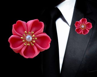 Buttonhole flower "Coral Pink" // Boutonniere for groom, best man & wedding guests / Coral Orange Pink