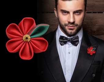 Buttonhole flower "My Love" // Red fabric boutonniere for suit and jacket