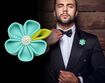 Buttonhole flower "Caribbean" boutonniere for suit in fresh grass green and turquoise perfect for spring and summer weddings