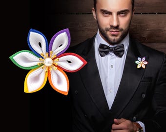 Rainbow & White Buttonhole Flower for Groom or Best Man | Boutonniere for Wedding, CSD Party Brooch with Pin