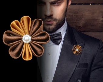 Elegant buttonhole flower "Hazel & Gold" made of satin fabric | Buttonhole flower pin in gold and brown | Durable boutonniere for men
