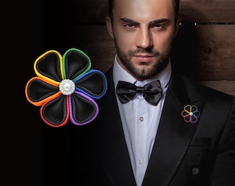 Black & Rainbow Fabric Corsage | Durable Buttonhole Flower LGBTQ Pride Flag | Boutonnière for Wedding Party CSD Brooch Pin