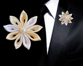 Elegant boutonniere "Ivory Petals" in classic ivory, white, and cream | Satin buttonhole flower // Boutonniere for the groom