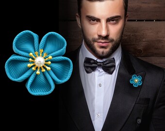 Small buttonhole flower "Turquoise" for men // Flower pin for the men's lapel made of turquoise fabric for weddings and festive occasions