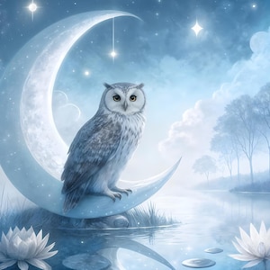 May include: A serene digital painting depicts a white owl perched on a crescent moon against a night sky. The scene is awash in cool blues and whites, with stars, clouds, and a tranquil lake with water lilies. The owl's detailed feathers and the moon's soft glow create a dreamy atmosphere.