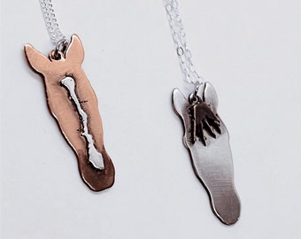 Copper & Sterling Silver Horse head silhouette, horse head cutout, equestrian jewelry, horse blaze outline, horse memorial necklace