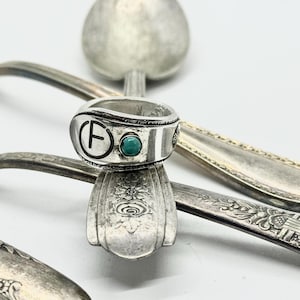 Branded Spoon Ring, Farm Brand, Cattle Brand, Livestock brand, ranch, brand ring, vintage silverware, turquoise