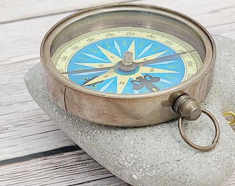 Antique Reproduction Brass Pocket Compass - Blue Face, Vintage Style (2")