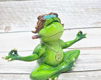 Meditating Hippie Frog Figurine: Funny Boho Office Decor