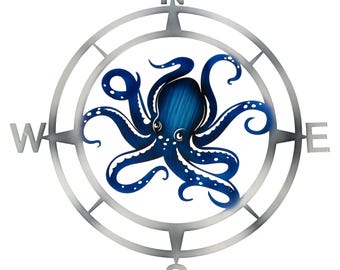 May include: A blue octopus with white spots is centred in a silver compass with the directions North, South, East, and West.