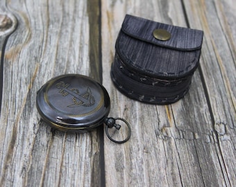 Brass Anchor Compass: Vintage Pocket Compass with Leather Pouch