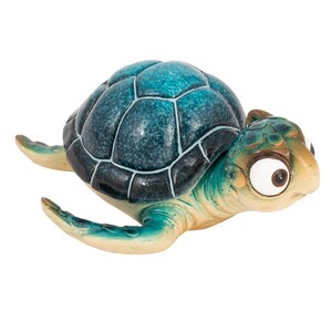May include: A ceramic turtle figurine with a teal and blue shell, white accents, and large, expressive eyes. The turtle has a light green and tan body, and its flippers are extended. The figurine is a decorative item.