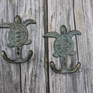 Könnte beinhalten: Zwei dekorative Wandhaken mit Schildkröten-Design. Die Haken sind aus Metall mit einem Used-Look in Türkis und Bronze. Sie sind auf einem verwitterten Holzgrund montiert.