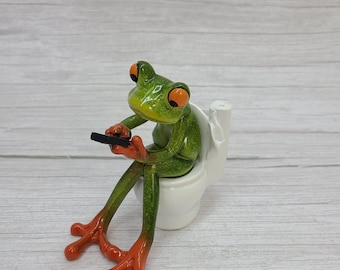 Frog in toilet figurine, Texting frog statue, Humorous frog decor, Bathroom decor, Office desk accessory, Shelf ornament