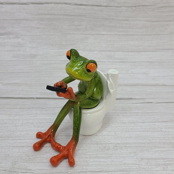 Humorous Frog on Toilet Figurine: Funny Bathroom Desk Decor