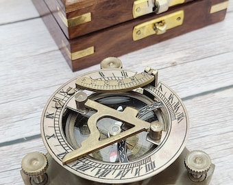 Vintage Brass Sundial Compass with Wooden Box: Nautical Maritime Decor