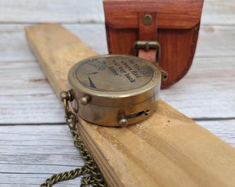 Engraved Brass Compass with Leather Pouch & Chain